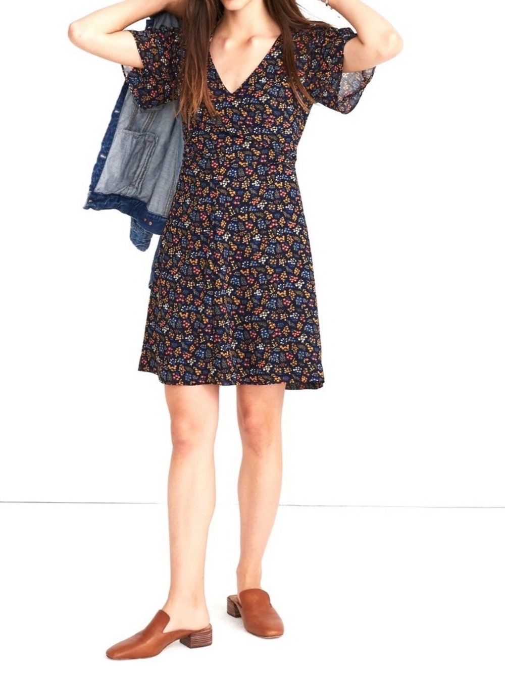 Madewell Flutter Sleeve Navy Floral V-Neck Mini Dress with Wrap Detail